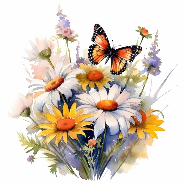 나비 생성 AI가 있는 꽃다발 그림이 있습니다.