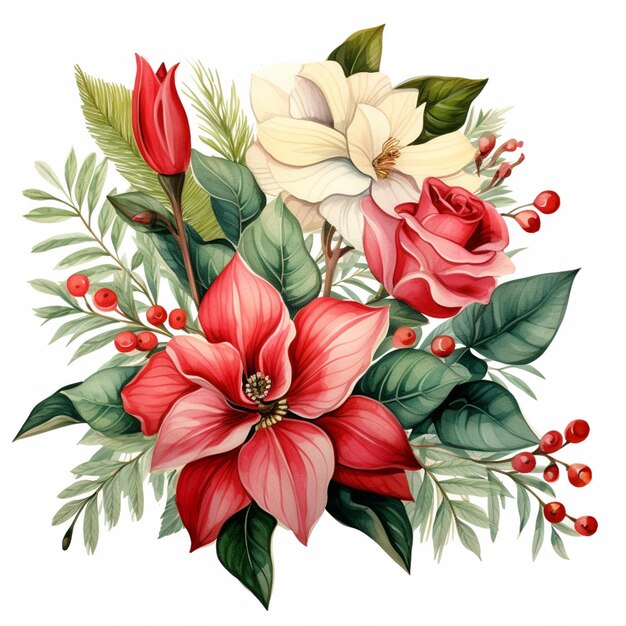 there is a painting of a bouquet of flowers with leaves and berries generative ai