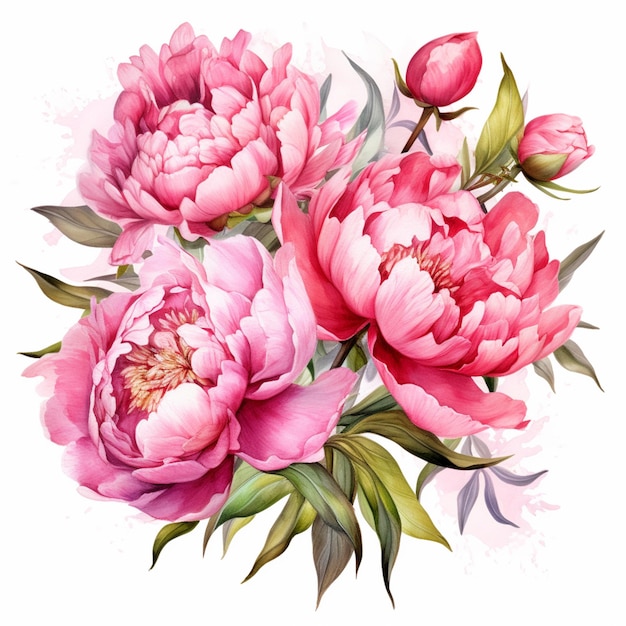 There is a painting of a bouquet of pink flowers on a white background generative ai