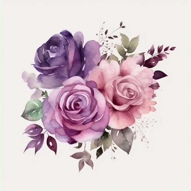 there is a painting of a bouquet of purple roses on a white background generative ai