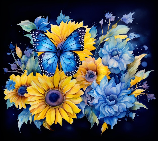 Foto c'è un dipinto di un bouquet di girasoli e una farfalla generativa ai
