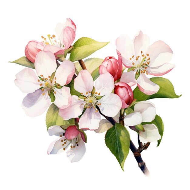 There is a painting of a branch of apple blossoms on a white background generative ai