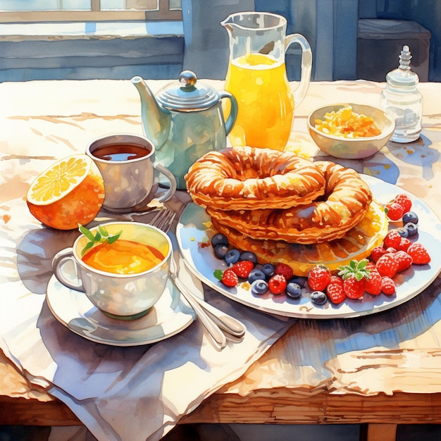 Photo there is a painting of a breakfast table with a croissant generative ai