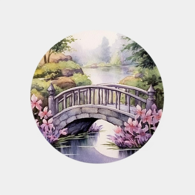 There is a painting of a bridge over a pond with flowers generative ai