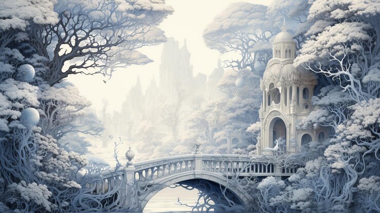 Photo there is a painting of a bridge in a snowy forest generative ai