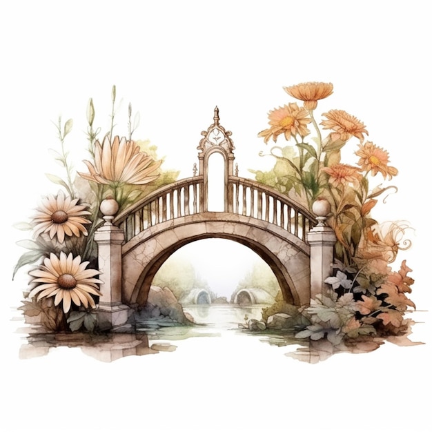 There is a painting of a bridge with flowers and a boat generative ai