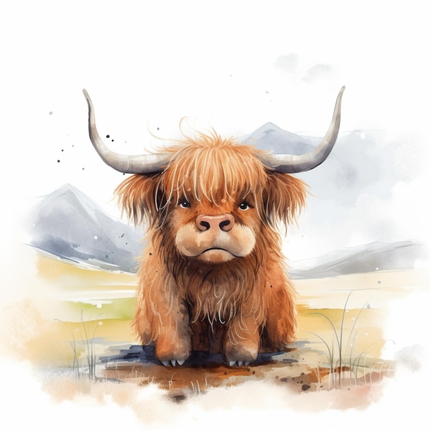 there is a painting of a brown cow with horns sitting on the ground generative ai