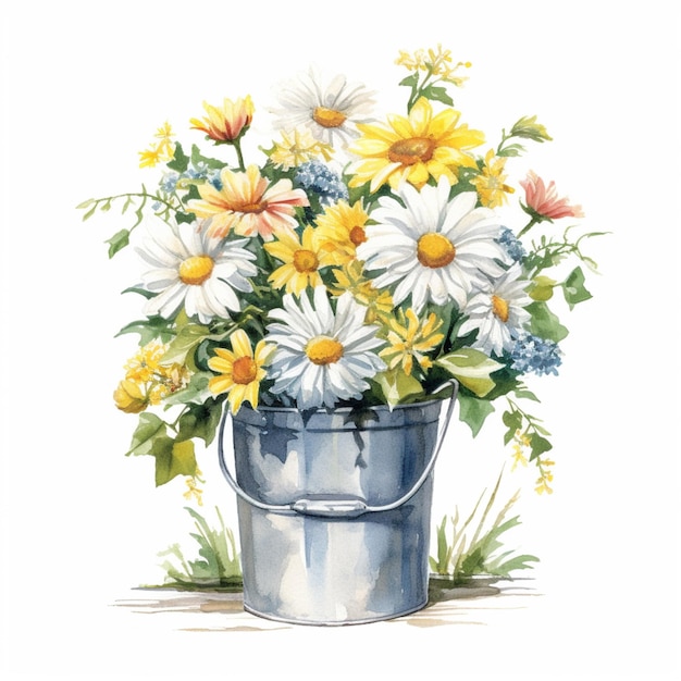 There is a painting of a bucket of flowers on the ground generative ai