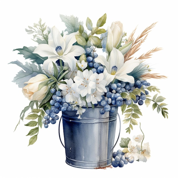 there is a painting of a bucket with flowers and berries generative ai