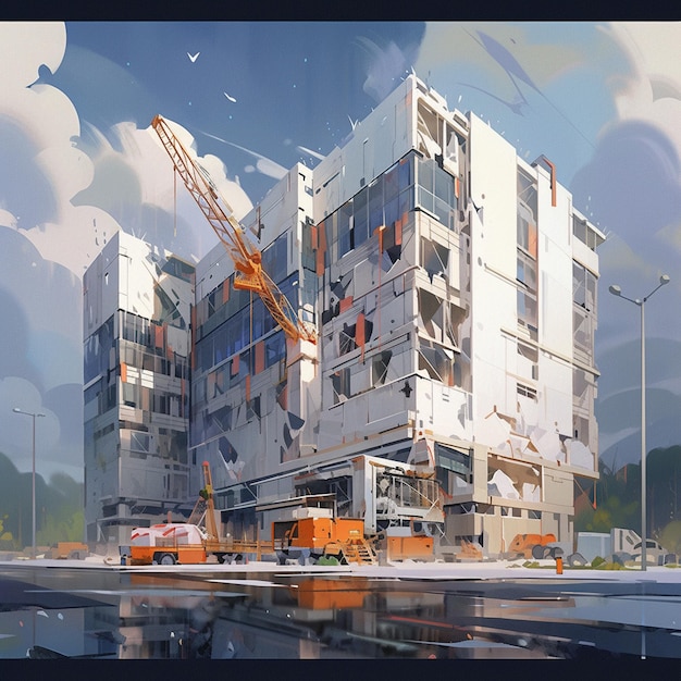 there is a painting of a building being built with a crane generative ai