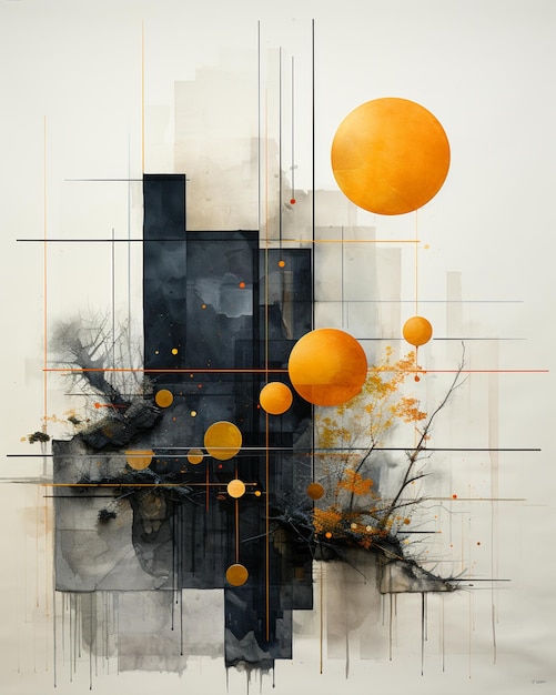 There is a painting of a building with oranges and a bird generative ai
