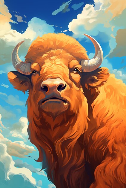 There is a painting of a bull with horns on a cloudy day generative ai