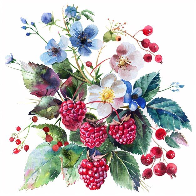 Photo there is a painting of a bunch of berries and flowers generative ai