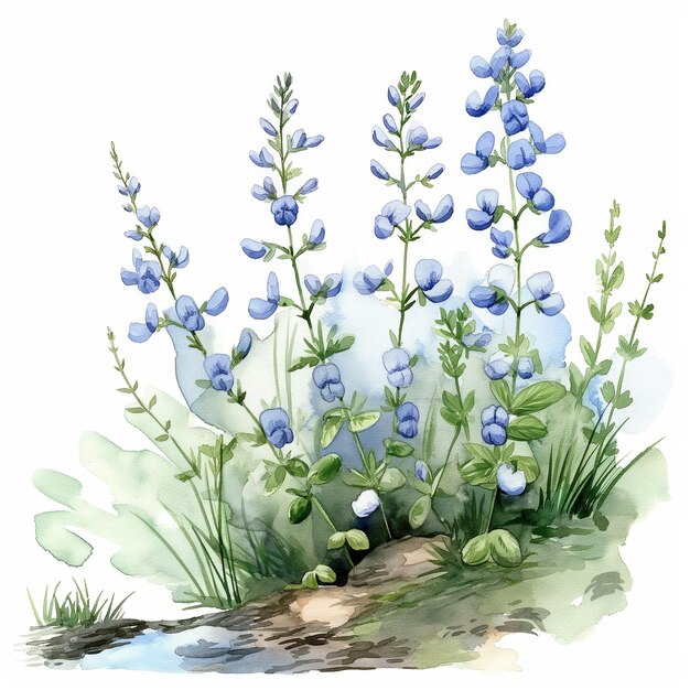 there is a painting of a bunch of blue flowers on a white background generative ai