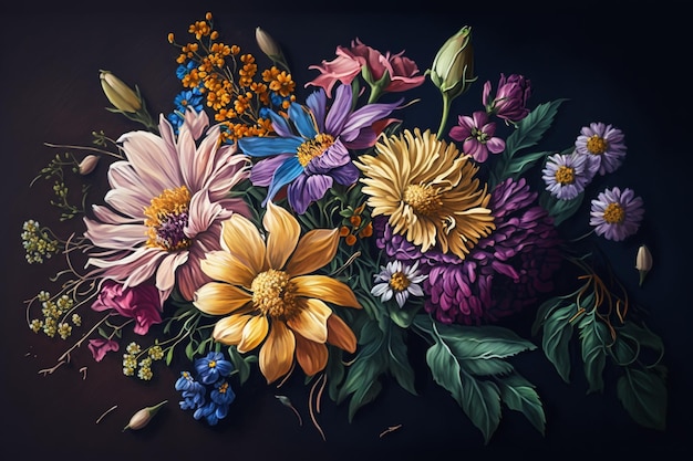 Photo there is a painting of a bunch of flowers on a table generative ai