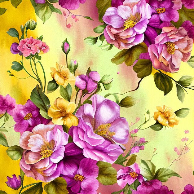 There is a painting of a bunch of flowers on a yellow background generative ai