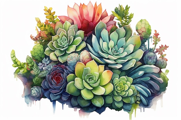 There is a painting of a bunch of succulents in a vase generative ai