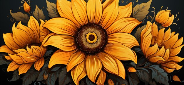 There is a painting of a bunch of sunflowers on a black background generative ai