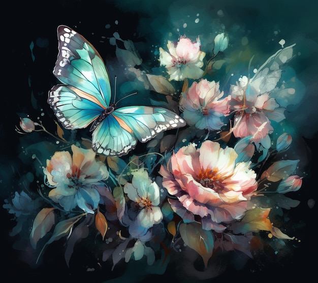 There is a painting of a butterfly and flowers on a black background generative ai