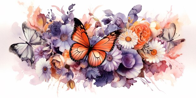 there is a painting of a butterfly and flowers on a white background generative ai