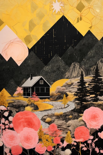 There is a painting of a cabin in the mountains with flowers generative ai