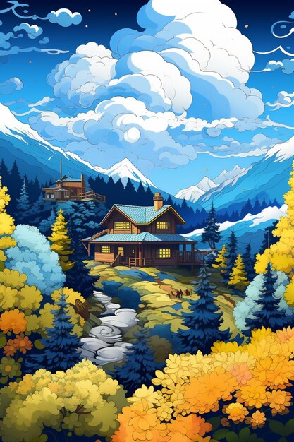 there is a painting of a cabin in the woods with a stream generative ai