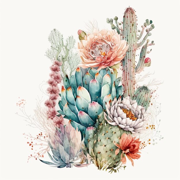 Photo there is a painting of a cactus and other plants on a white background generative ai