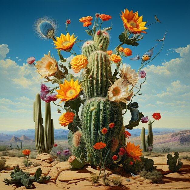 There is a painting of a cactus with flowers in the desert generative ai