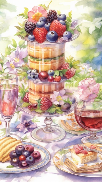 There is a painting of a cake and wine on a table generative ai