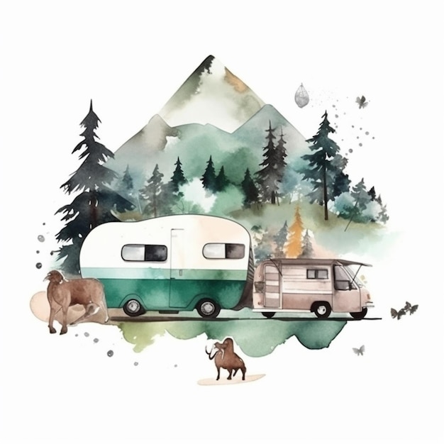 There is a painting of a camper and a dog in the woods generative ai