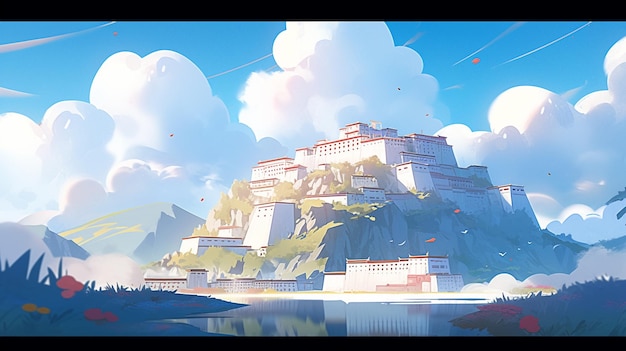 湖のある丘の上の城の絵があります 生成 AI