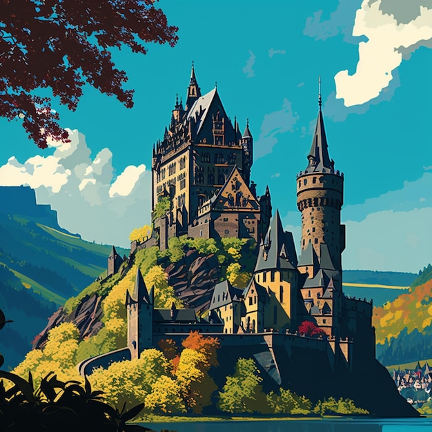 There is a painting of a castle on a hill with a lake generative ai