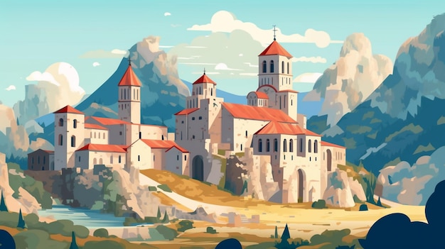 There is a painting of a castle on a mountain with a river generative ai