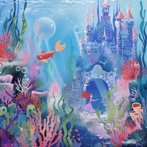 there is a painting of a castle under the sea with fish generative ai