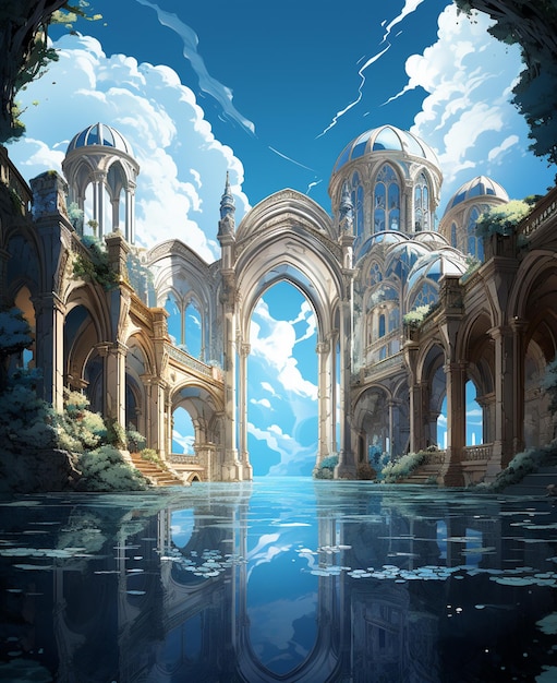 There is a painting of a castle with a lake in the middle generative ai