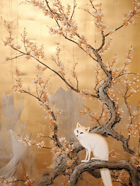 木の枝に座っている猫の絵が描かれています