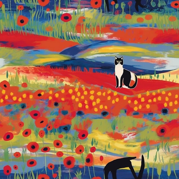 There is a painting of a cat sitting in a field of flowers generative ai