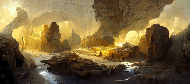 there is a painting of a cave with a stream running through it generative ai