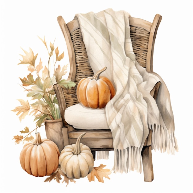 there is a painting of a chair with a blanket and pumpkins generative ai