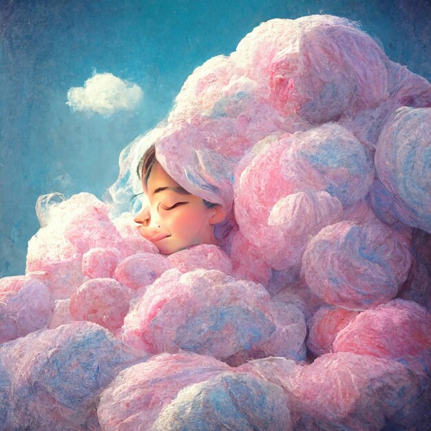 Photo there is a painting of a child sleeping in a pile of cotton candy generative ai