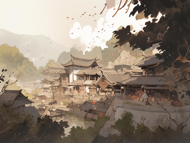 there is a painting of a chinese village with a river generative ai