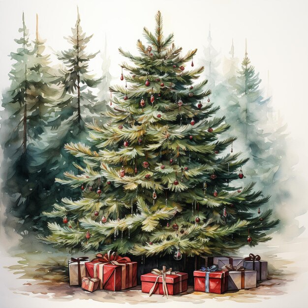 there is a painting of a christmas tree with presents under it generative ai