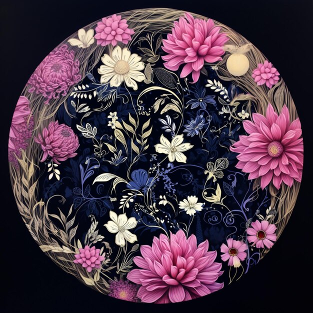 Photo there is a painting of a circular design with flowers on it ai generative