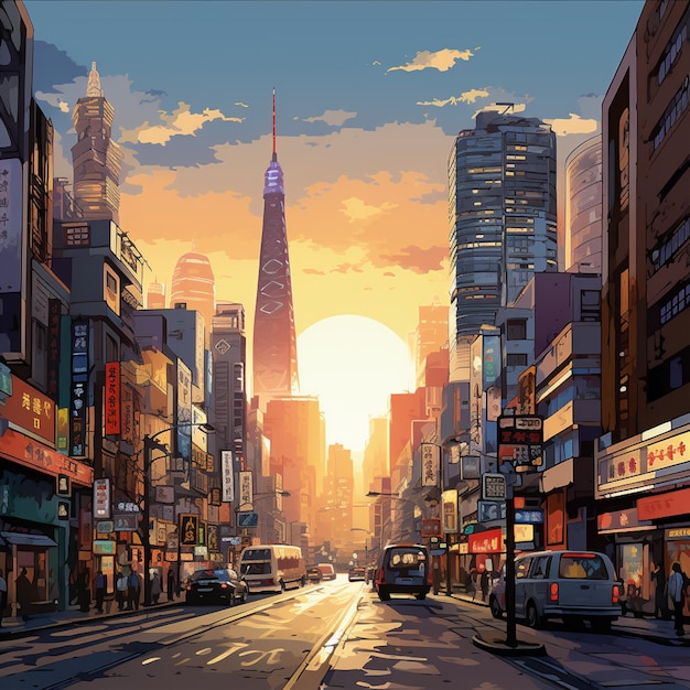 there is a painting of a city street with cars and buildings generative ai