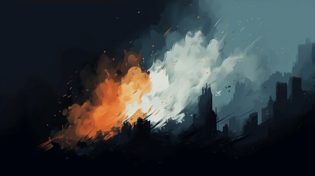 Photo there is a painting of a city with a fire in the middle generative ai