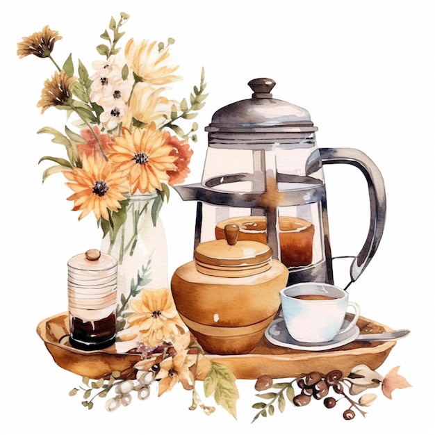 there is a painting of a coffee pot and a cup of coffee generative ai