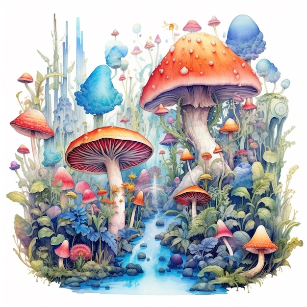 버섯과 물 생성 AI가 있는 다채로운 숲의 그림이 있습니다.