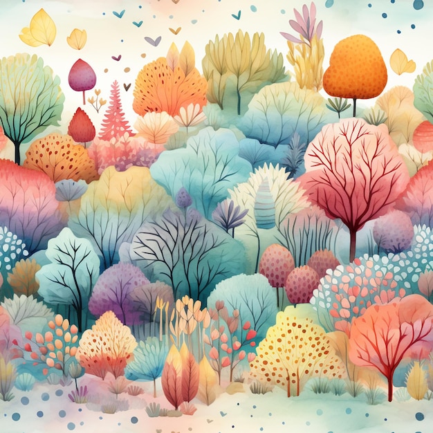 there is a painting of a colorful forest with trees and birds generative ai