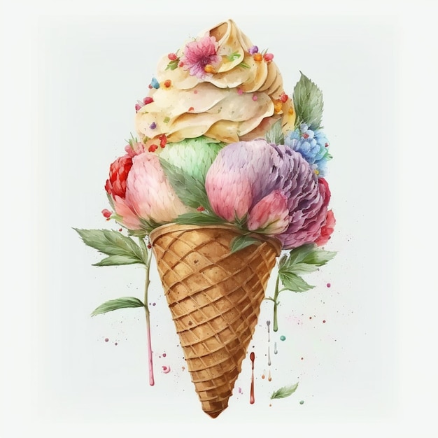 There is a painting of a cone with flowers on it generative ai