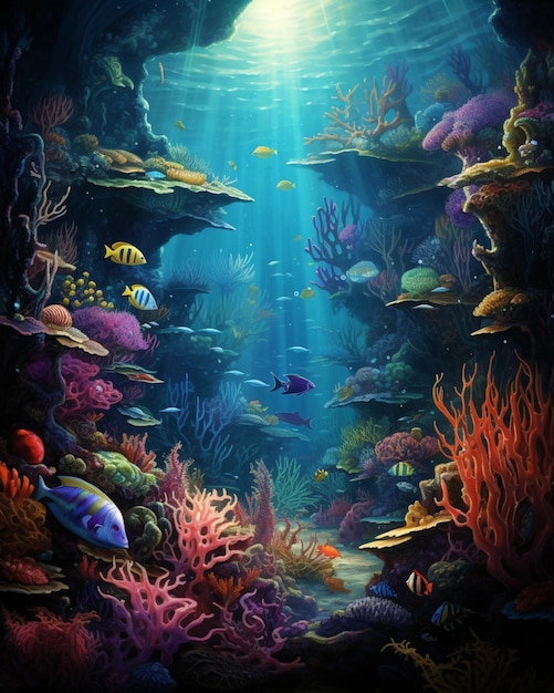 魚とサンゴの生成 AI が描かれたサンゴ礁の絵があります